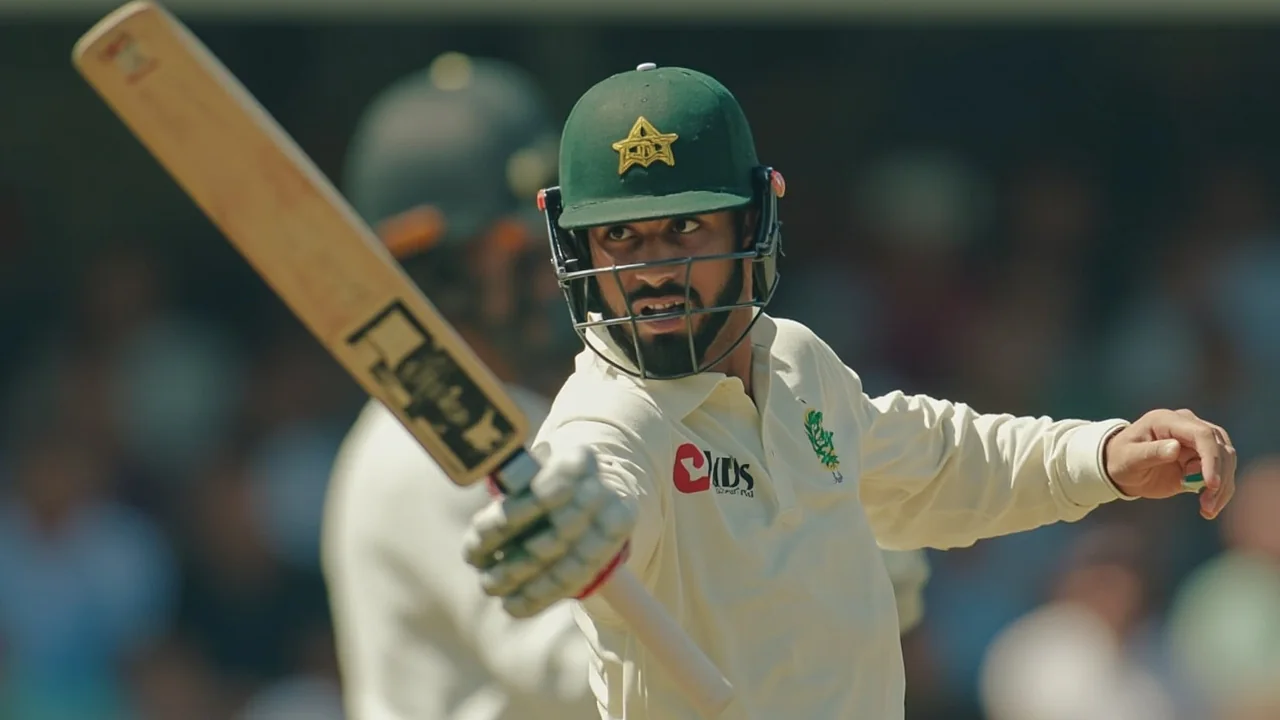 Tight sideline frame of a fast bowler in follow-through off the pitch with the slip cordon visible and crowd seated behind the sightscreen