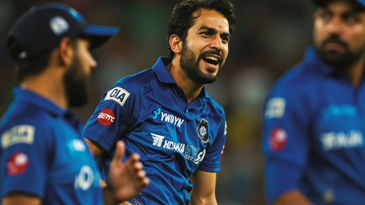 Tight sideline action frame of an IPL player mid-delivery under stadium floodlights, 70-200mm lens look — first editorial figure for the Mumbai Indians IPL 2026 elimination retrospective