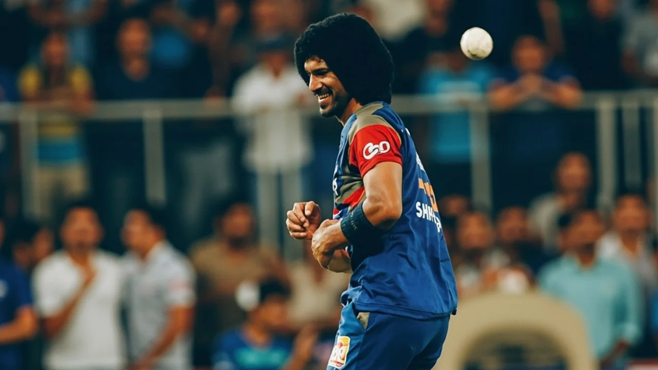 Mid-distance tactical scene of a cricket field with players in position near the stumps, 50mm lens look — second editorial figure for the Mumbai Indians IPL 2026 elimination retrospective