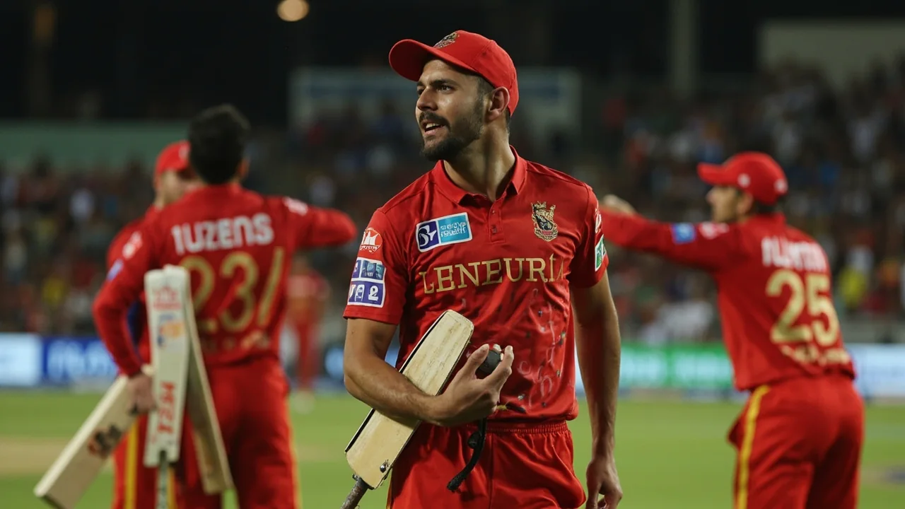 Mid-distance view of the Chinnaswamy outfield with RCB support staff and players gathered near the practice area — tactical preparation visual for the IPL 2026 defence