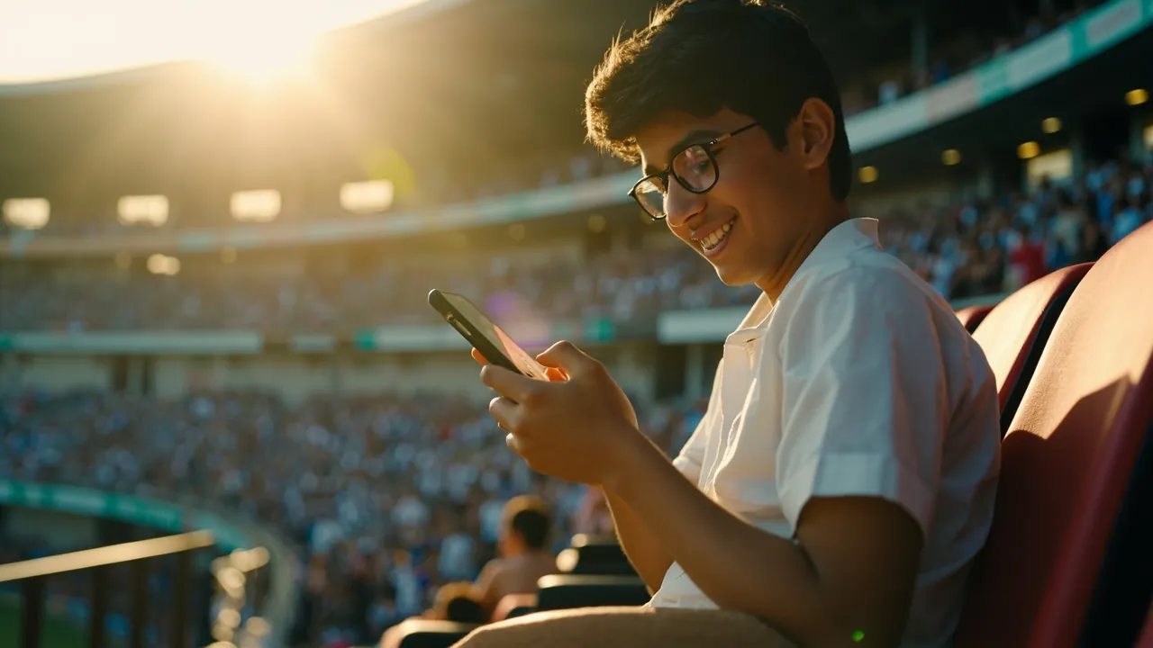 A young Indian cricket fan in stadium seating during an afternoon IPL match, looking down at a smartphone that shows a soft wallet or coupon-code glow