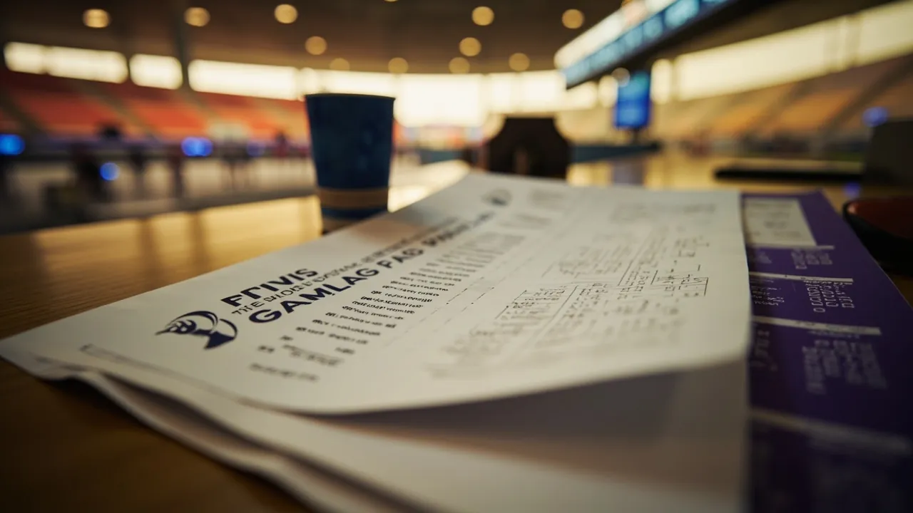 A printed IPL match-day programme and a small handwritten price list resting on a wooden counter, with a stadium concourse softly blurred in the background